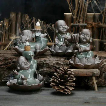 

GEYAO Kiln Backflow Incense Burner Young Monk Lotus Leaf boy creative ceremony Tea pet ornaments 1 piece