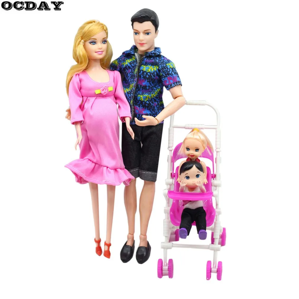 OCDAY 5 People Dolls Suit Pregnant Doll Family Variety of Styles Mom Dad Little Kelly Girl Baby Son Baby Carriage Gift Kids Toys