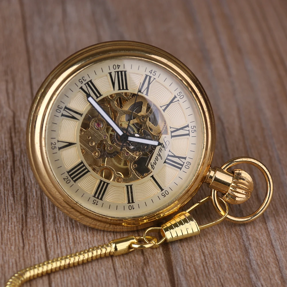 Роскошные золотые Элегантные карманные часы с открытым лицом, с цепочкой для женщин и мужчин, механические часы с ручным подзаводом, римские цифры, подарок, часы с брелоком