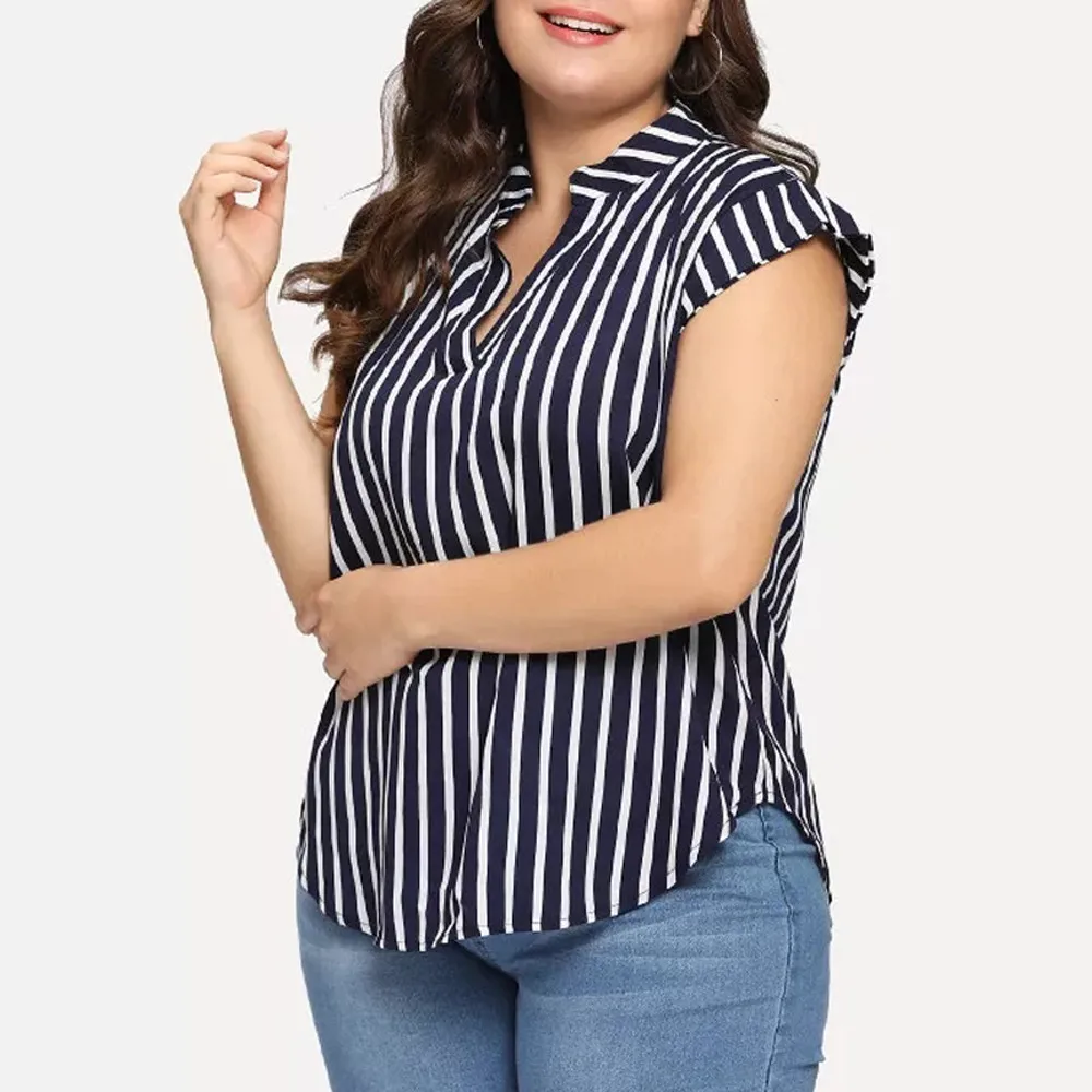 

Women Casual V-Neck Plus Size Tee loose hot Tops fashion female summer simple Striped Print Vest daily T-Shirt camisa femenina