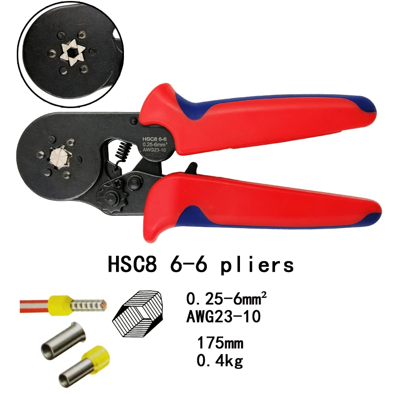 

HSC8 6-6 crimping pliers 0.25-6mm2 23-10AWG with 1020/700pcs tube type needle type terminal crimp mini pressure wire tools