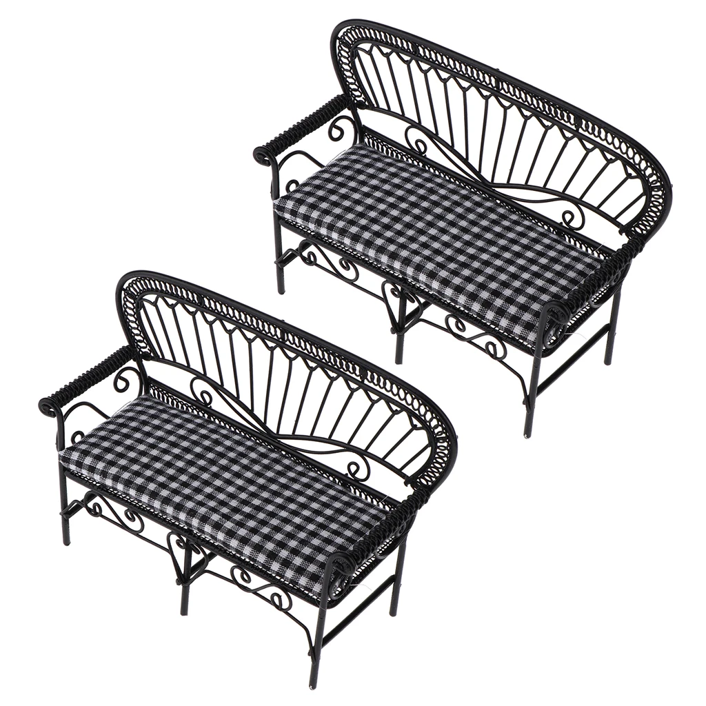 2Pcs 1/12 Dollhouse Miniature Furniture Living Room Garden Vintage Iron Double Chair Double-Seat Sofa Model