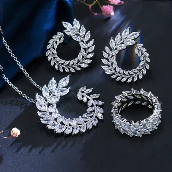 

Trendy Cubic Zirconia Olive Leaf Pendant Necklace Earrings Four Sets Necklace For Women Crystal Flower Wedding Jewelry 2020