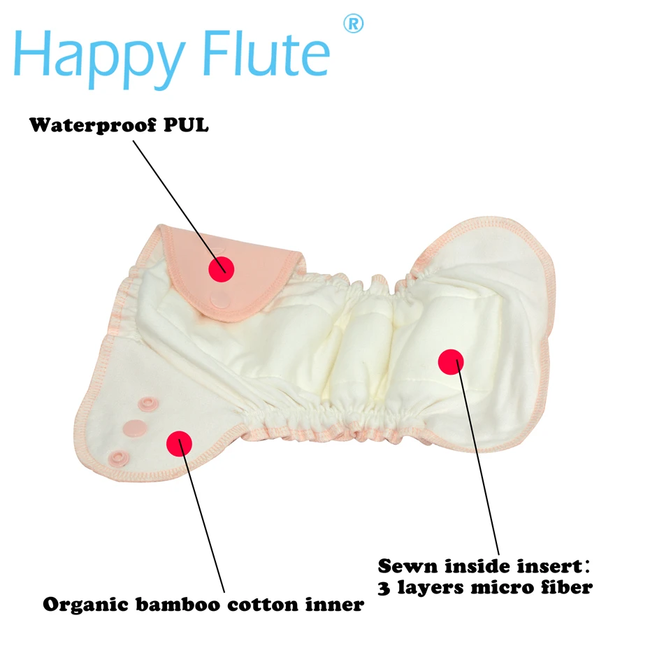 Счастливый Флейта органический хлопок новорожденных AIO ткань Подгузники подгузник с 3 слоями микро волокна вшитые внутри вставки
