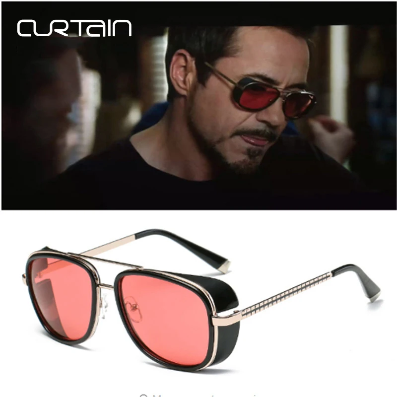 

CURTAIN Iron Man 3 TONY Stark Sunglasses Men Rossi Coating Retro Vintage Designer Steam Punk Pilot Sun Glasses UV400 Protection
