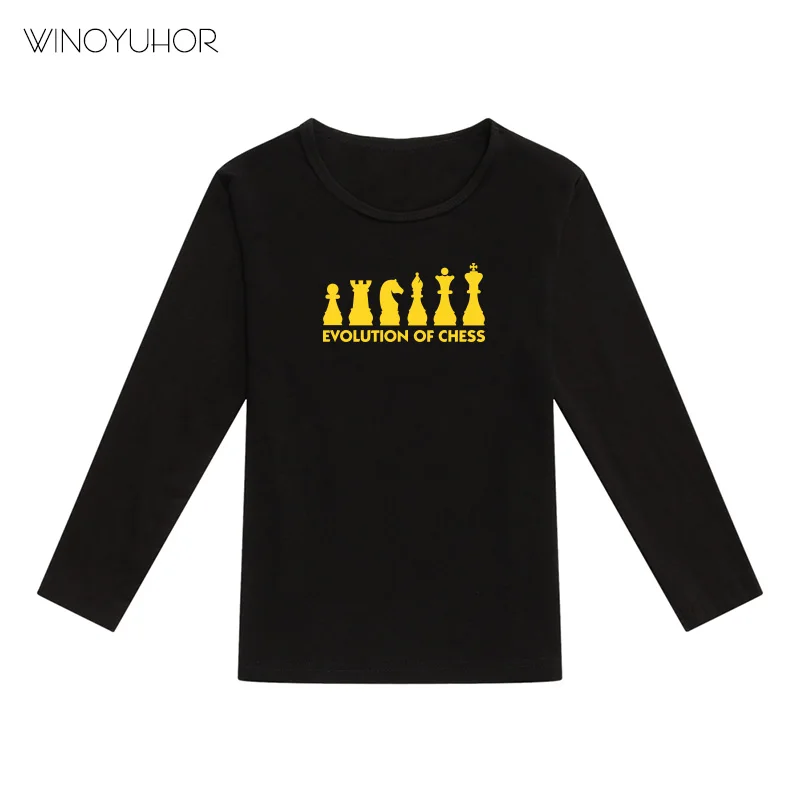 Детские футболки «Эволюция шахмат»; Детские Осенние футболки с длинными рукавами для мальчиков и девочек; повседневные топы; Забавная детская одежда с рисунком - Цвет: Black