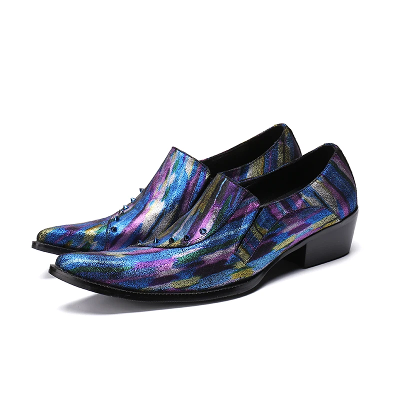 CH.KWOK Peacock color pattern rivets men dress leather shoes poined toe slip-on beautiful mens Tuxedo party fashion oxford | Обувь