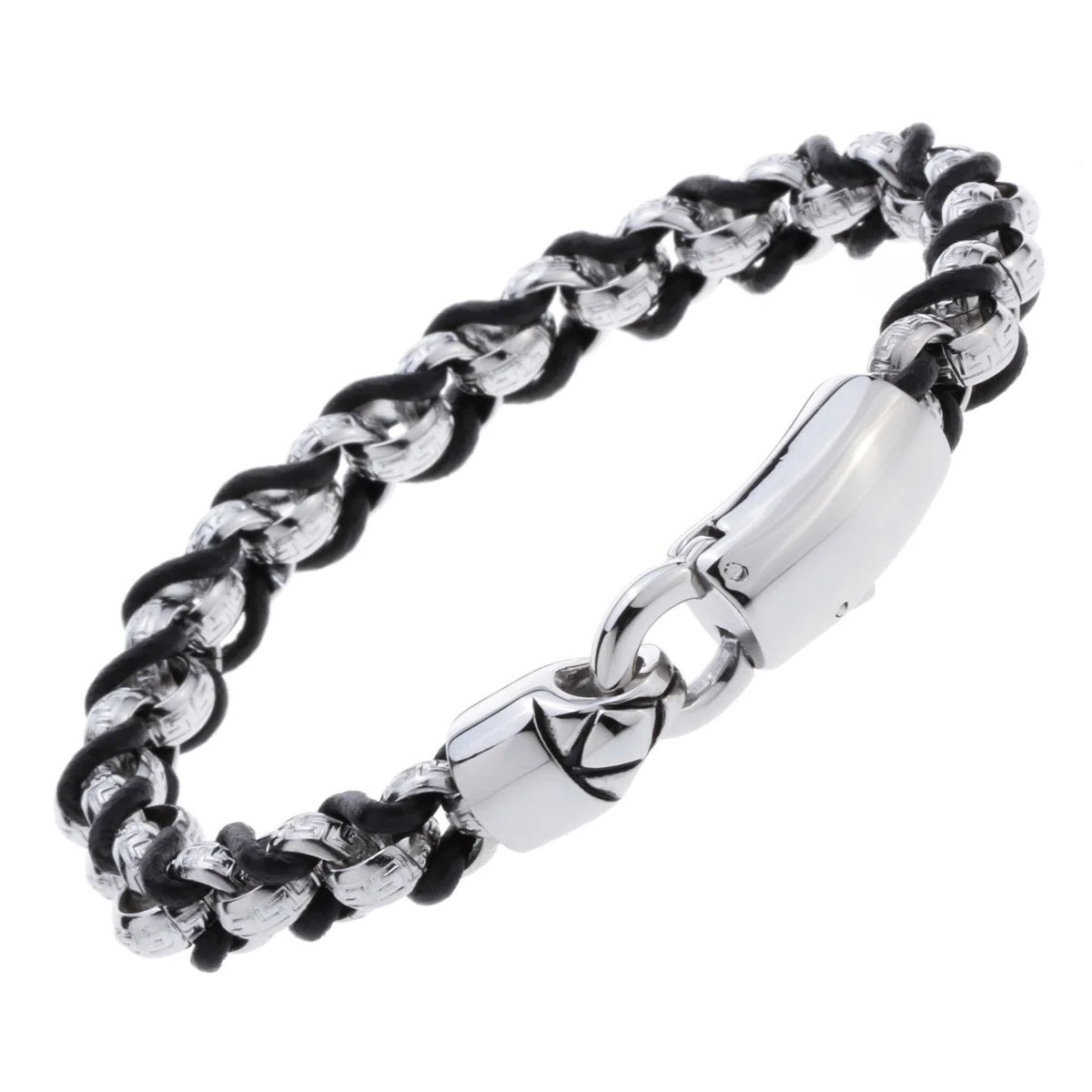 Mens stainless steel black leather link chain bracelet gold silver