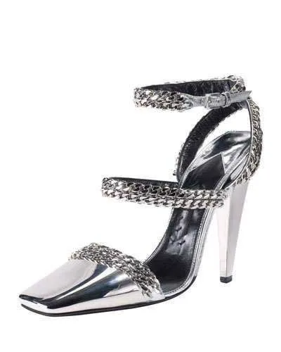 

Zapatos Mujer 2019 Black Sliver Mirror Patent Leather High Heel Ladies Pumps Chain Embellished Square Toe Stiletto Sandalias