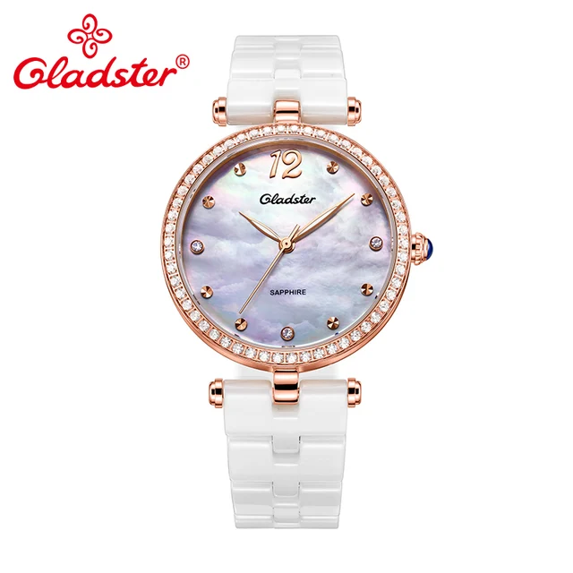 Gladster Ceramics Watchbands Golden Women Watch Waterproof Shell Quartz Female Wristwatch Fashion Sapphire Ladies Dress Clock