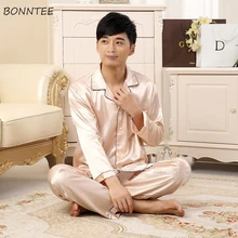 Пижамы наборы для ухода за кожей для мужчин однобортный тонкий простой мягкий шелк Высокое качество ежедневно Домашняя одежда s корейский стильны