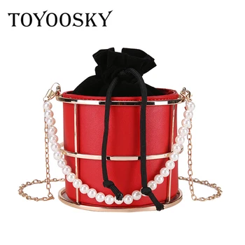 

TOYOOSKY 2018 Summer Women's Birdcage Evening Bag Clutch Personality Pearl handle Frame Metal Bucket Mini Bag Purse women Bolsas