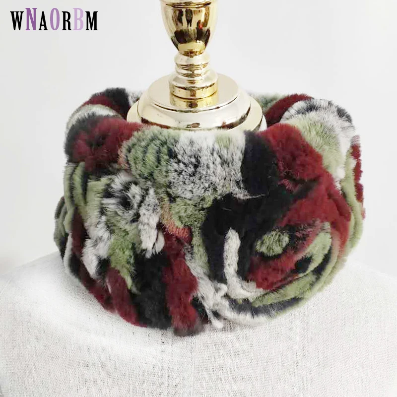 

High elasticity Knitted Rex Rabbit Fur Scarves Multi-color stitching Women Fashion Casual Nature Rabbit Fur Ring Scarf Warm Fur