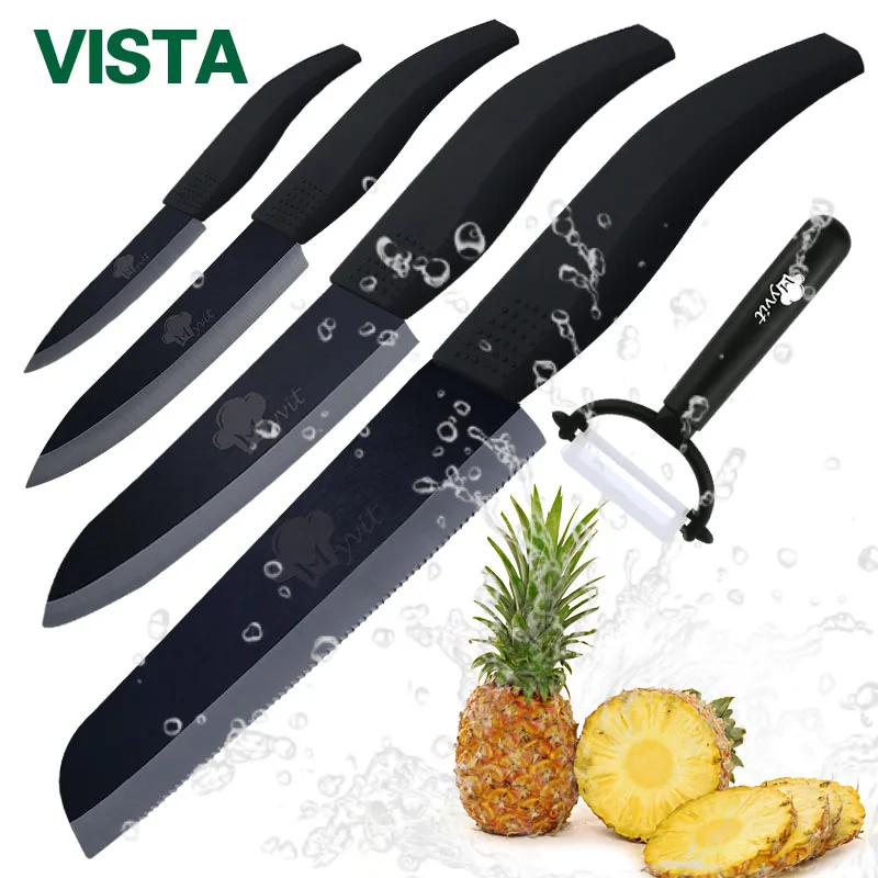 Кухонный нож, керамические ножи, набор для приготовления пищи, 4 дюйма, для очистки овощей, 5 дюймов, для нарезки, 6 дюймов, шеф-повара+ 6 дюймов, зубчатый нож для хлеба, Овощечистка, циркониевый черный нож - Цвет: Black Curved set
