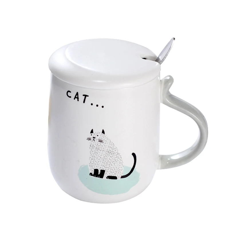 

White cat pattern mugs with lid spoon,Coffee Mug Cup Teapot tea set Drinkware ceramic mugs for friends, Office school mugs