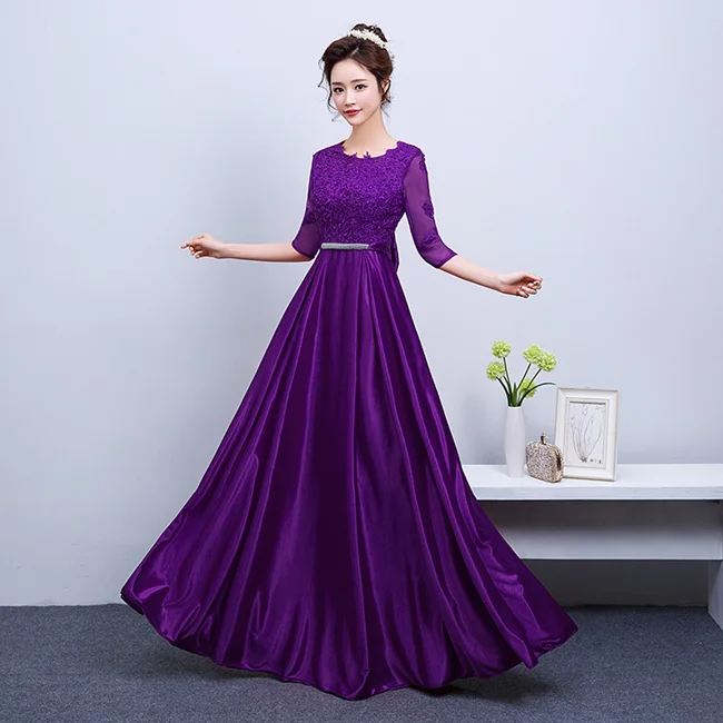 Purple Красота Эмили длинные кружевные вечерние платья с круглым вырезом с коротким рукавом и аппликацией вечерние платье плиссированные платья на выпускной vestido de festa longo - Цвет: Purple
