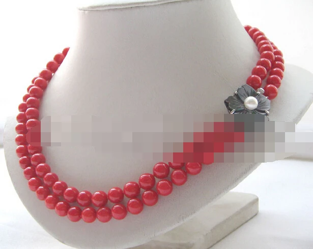 

3175 natural perfect round red coral necklace-shell clasp