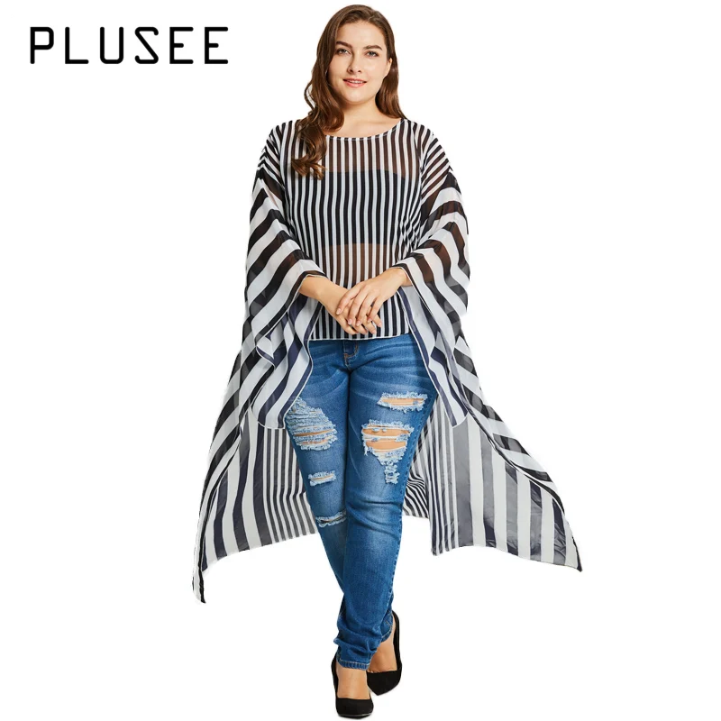 

Plusee Plus Size Summer High Low Chiffon Blouse Oversize Striped Long Blusas Irregular Ladies Stylish Tops for Spring Autumn 3XL