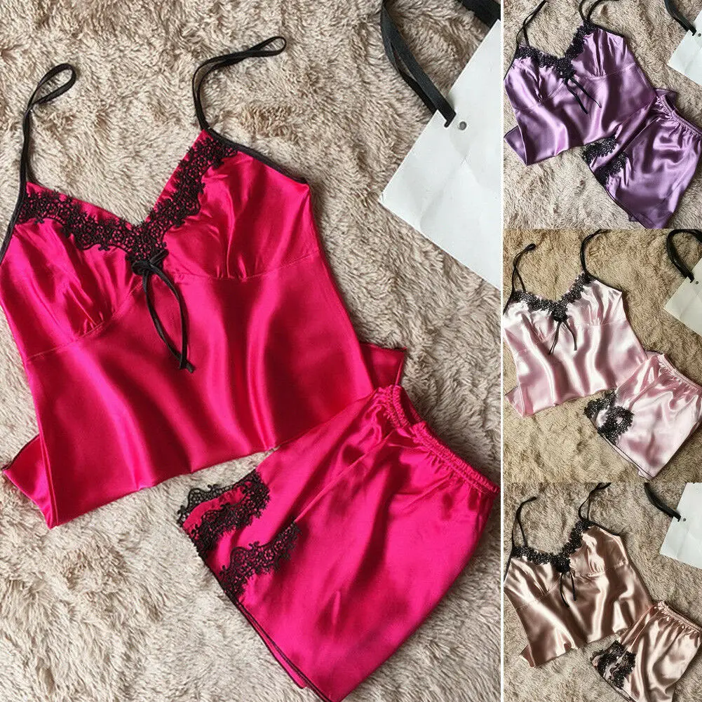 

Fashion Summer 2Pcs Ladies Sexy Satin Silk Sleepwear Babydoll Lingerie Nightdress Pyjamas Suit