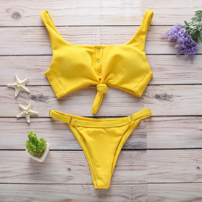 

Ladies Bikini Set Solid Color Bikini Adjustable Buckle Bra Briefs Swimsuits for Beach Swim EDF88