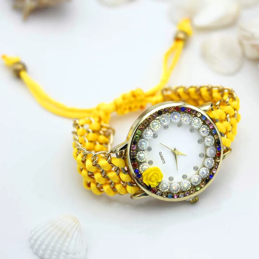 Shsby новые женские цветы ручной вязки наручные часы Роза женское платье часы цвет сверкающие стразы тканевые часы Сладкая девушка часы