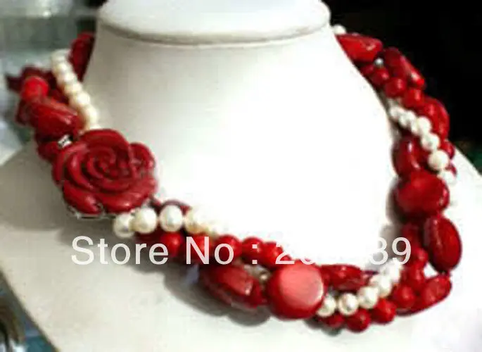 

Hot sell Noble- FREE SHIPPING>>>@@ AS2620 White Akoya Cultured Pearl & Red Coral With Flower Clasp Necklace 18"