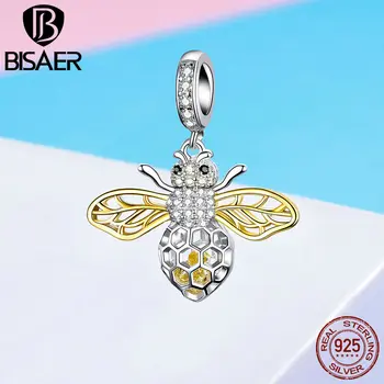 

BISAER Hot Sale 925 Sterling Silver CZ Crystal Bee Charms Insect Bee Pendants Fit Bracelets Necklace Silver DIY Jewelry ECC1125