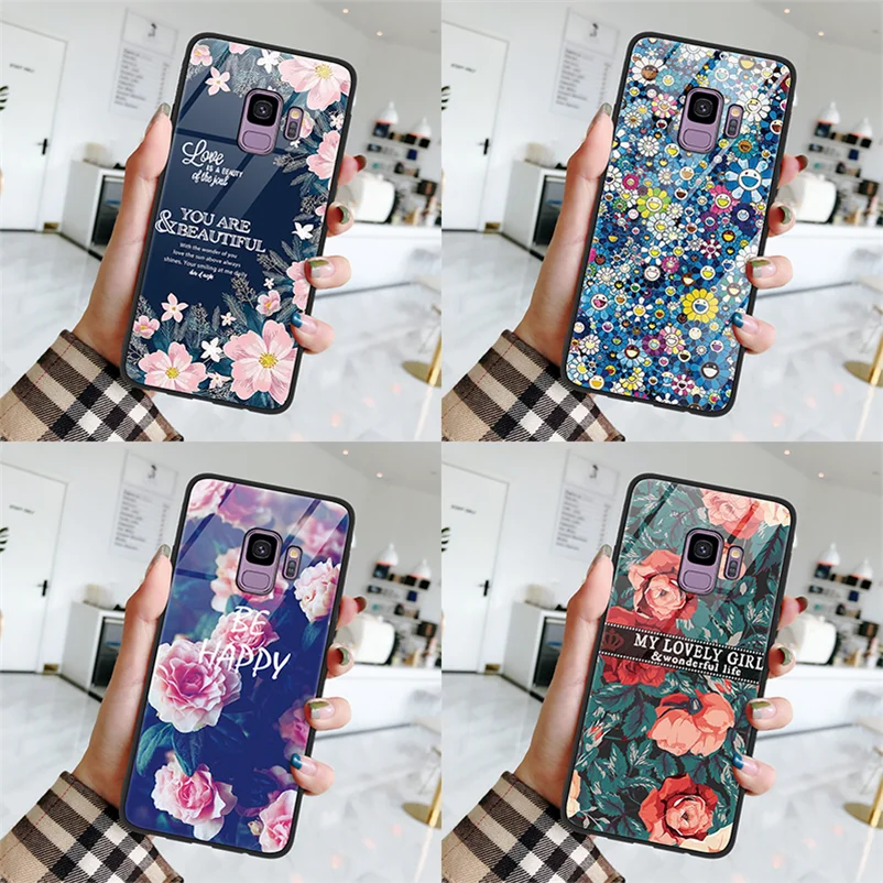 

Flower Tempered Glass Coque For Samsung Galaxy J4 J7 Prime A6 A8 A7 2018 Funda Note 8 9 A6s S10e S8 S9 S10 Plus M10 M20 A50 Case
