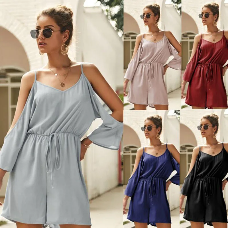Woman causal sling Off Shoulder Summer Romper Chiffon hole playsuit long sleeve Party ladies V Neck top and shorts with blet Woman causal sling Off Shoulder Summer Romper Chiffon hole playsuit long sleeve Party ladies V Neck top and shorts with blet