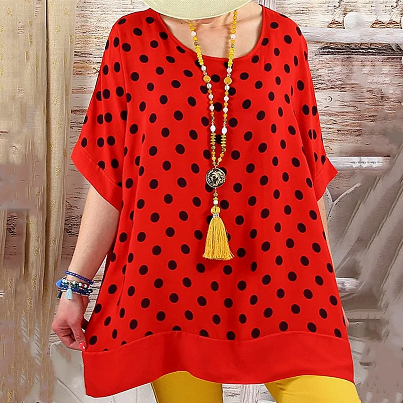 

Women Summer Plus Size Round Collar Polka Dot Printed Bat Sleeve Loose T-shirt