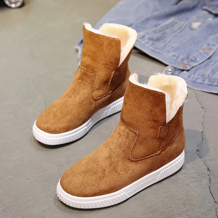 

Women Snow Boots Faux Suede Warm Ankle Boots Thick Soled Flat heel Shoes Woman Comfort Slip on Plush Fur Botas Mujer