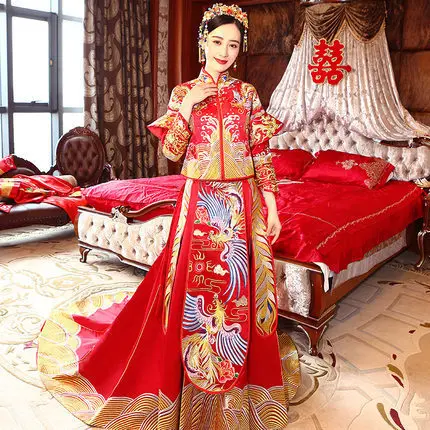 2018 свадебное платье невесты с красным цветком Qipao в национальном китайском стиле