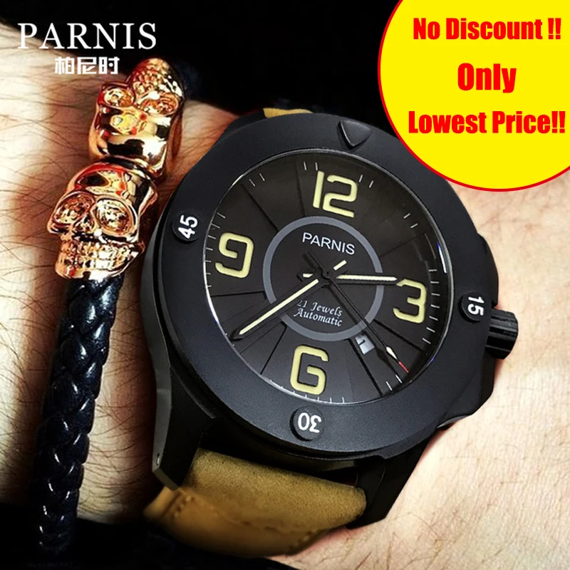 Parnis 44 мм лучший бренд класса люкс Военная униформа для мужчин часы кожа световой механические мужские часы с автоматическим подзаводом