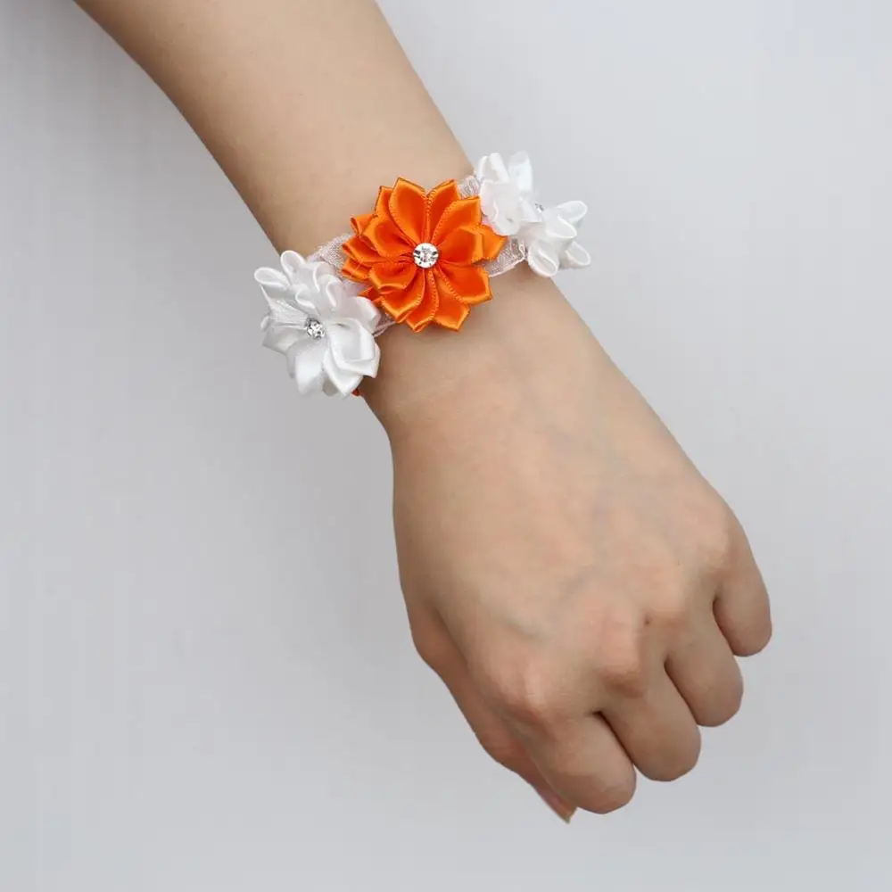 white orange Хрустальные цветы на запястье королевский синий белый корсаж на запястье подружки невесты шелковая лента с цветами на запястье DIY Свадебные аксессуары SW0678-Z - Цвет: white orange