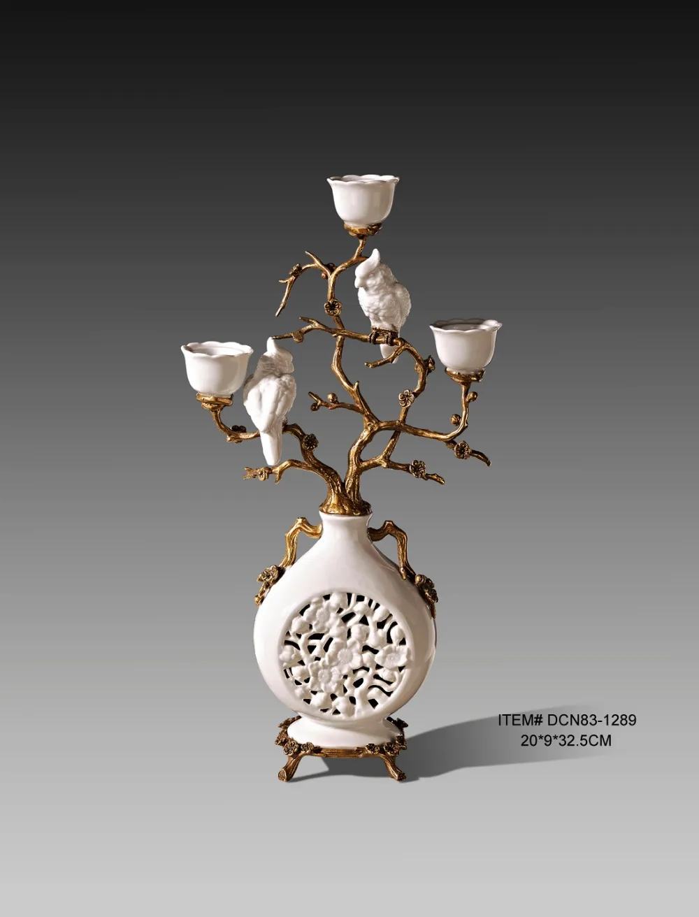 European Brass and Ceramic Parrot Decorative Vase Shaped Candlesticks