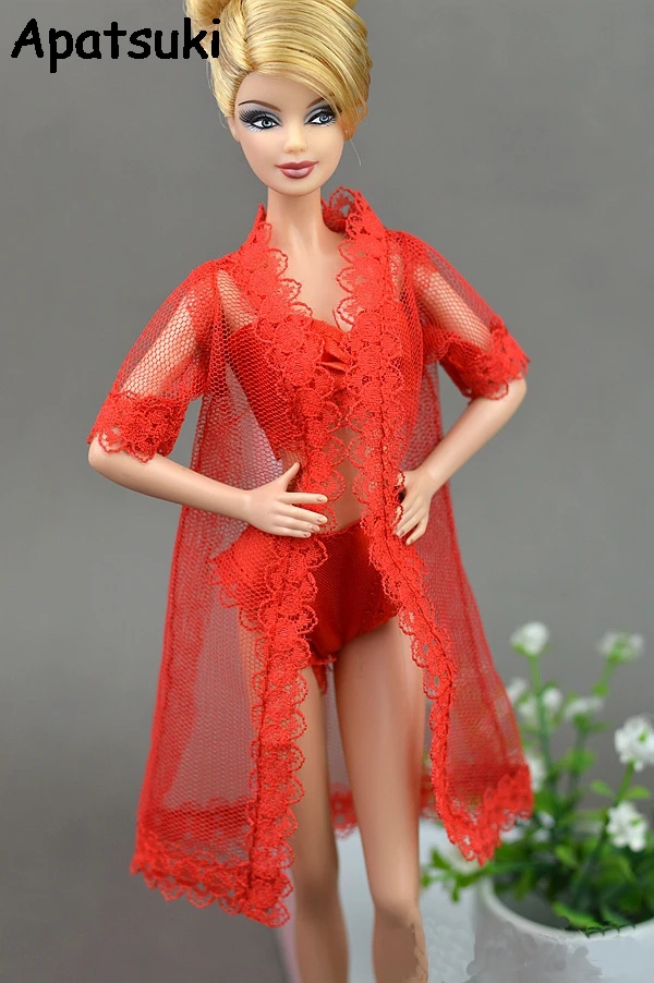 Doll Accessories Sexy Red Clothes for Barbie Pajamas Lingerie Lace Coat