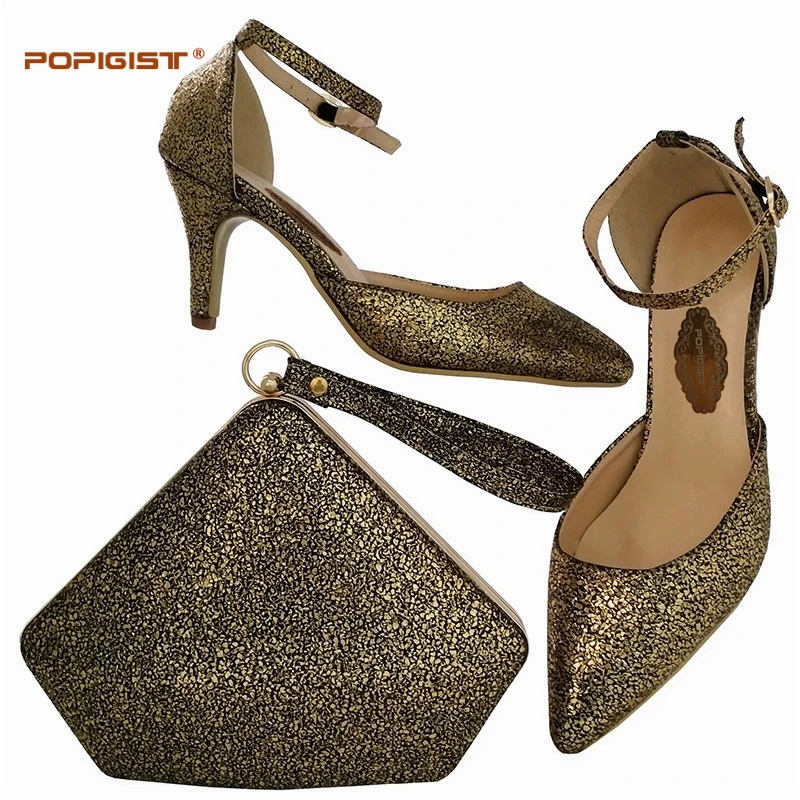 Black &Gold New Special design Italian fashion shoes with bag matching