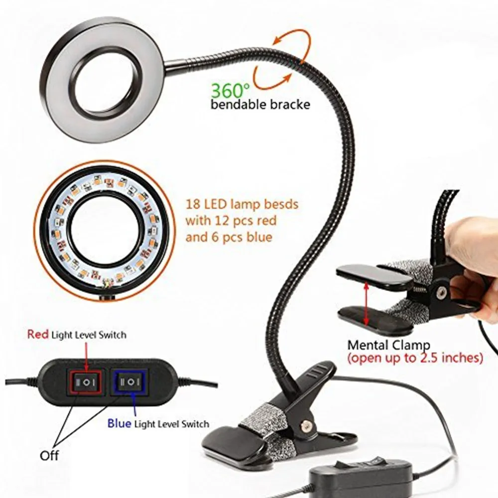 Светодиодный завода светать 10 W Регулируемый 8 уровень затемнения клип стол растет светильник 360 градусов гибкое колено для офиса домашние