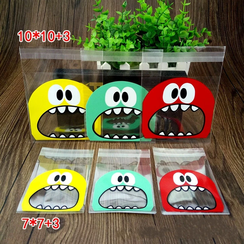 

New 50Pcs/Bag 7cm 10cm Cute Cartoon Monster Mouth Cookie Candy Self-Adhesive Plastic Bags Biscuits Baking Package Party Decor