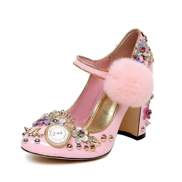Vintage Pink Pom Pom Decor High Heel Pumps Mary Jeans Spike Crystal Flower Embellished Wedding Party Dress Shoes Round Toe Women's Shoes
