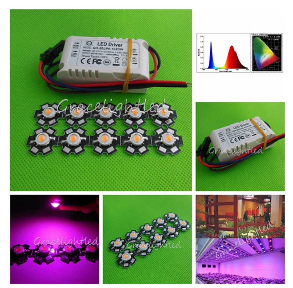 

10pcs 3w full spectrum led 380-840nm +1pcs 6-10x3w 600mA led driver diy 30w led grow light for plants lamp