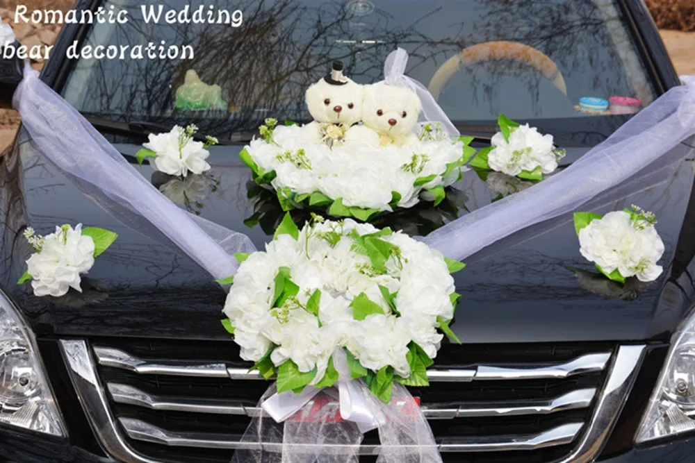 Свадебное украшение автомобиля шелковые цветы с медведем свадебный автомобиль поддельные розы цветы Гирлянда украшение свадебный центральный венок
