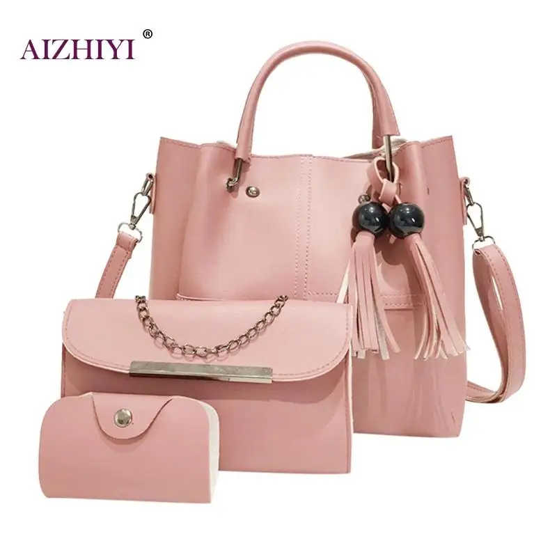 Best 3pcs set Fashion Women Handbag Beads Tassel Shoulder Totes Bags Female PU Leather Girls Large Solid Capacity Clutch Bucket Bags
