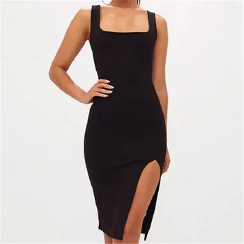 

Sexy Women's Side Slit Pencil Dresses Pure Color Summer Sleeveless Dress For Woman Bodycon Evening Party Casual Short Dress