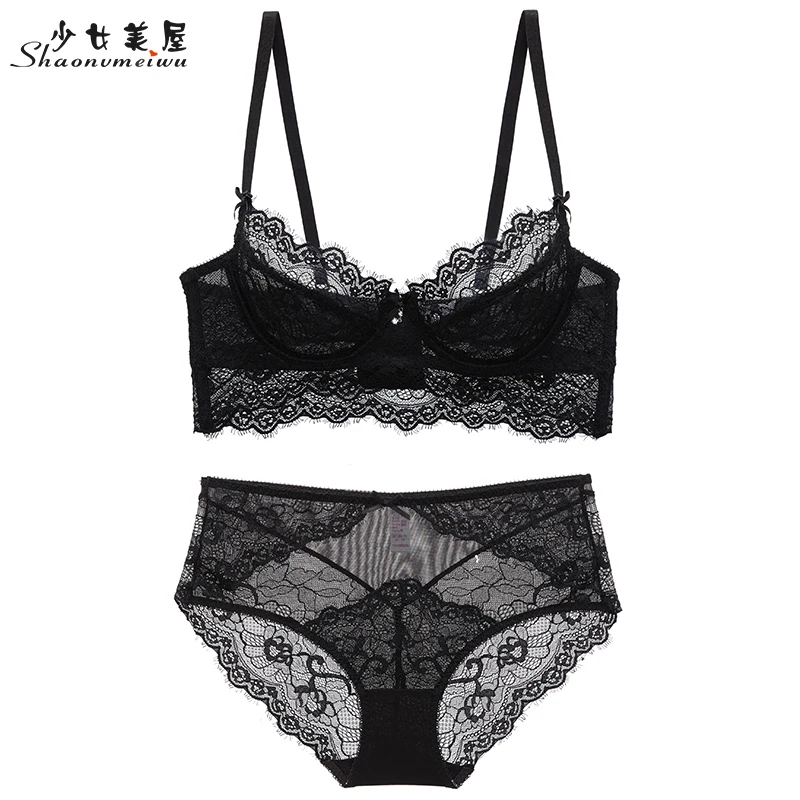 shaonvmeiwu Sexy lashes, lace, ultra-thin, non-sponge, undergarment, bra set with steel ring, large breasts, small size