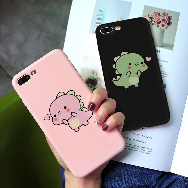 

Couple Coque For TPU iPhone X XS XS Max XR 6 6S 7 8 Plus Black Pink Matte Silicone Soft Colorful Cute dinosaur For iPhone 7 Case