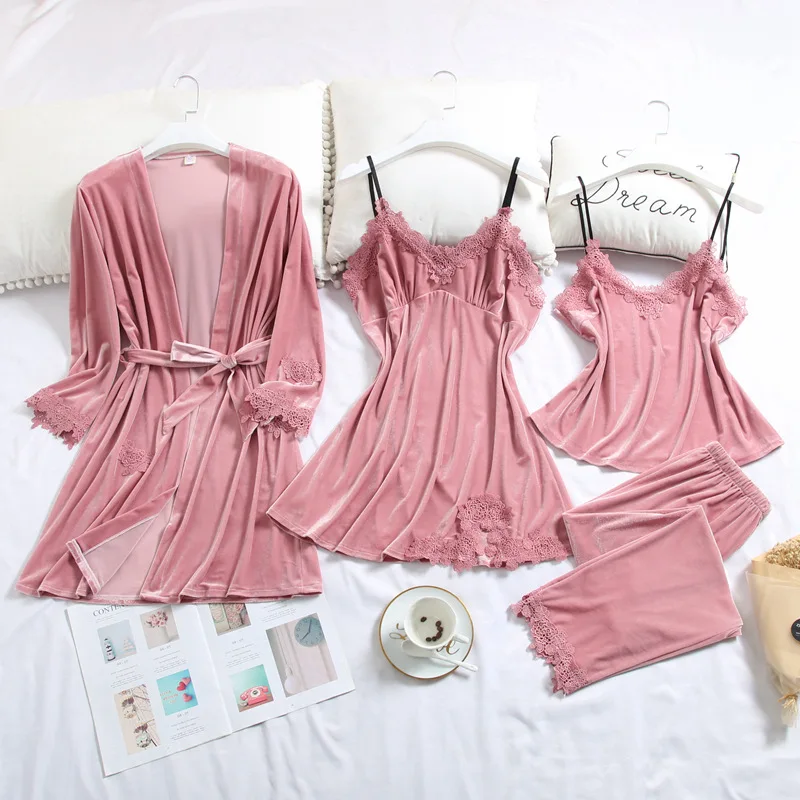 

Feier Summer New 4 Pcs Set Stain High Quality Lace Sexy Sleepwear with Chest Pad Pajamas Women Pyjama
