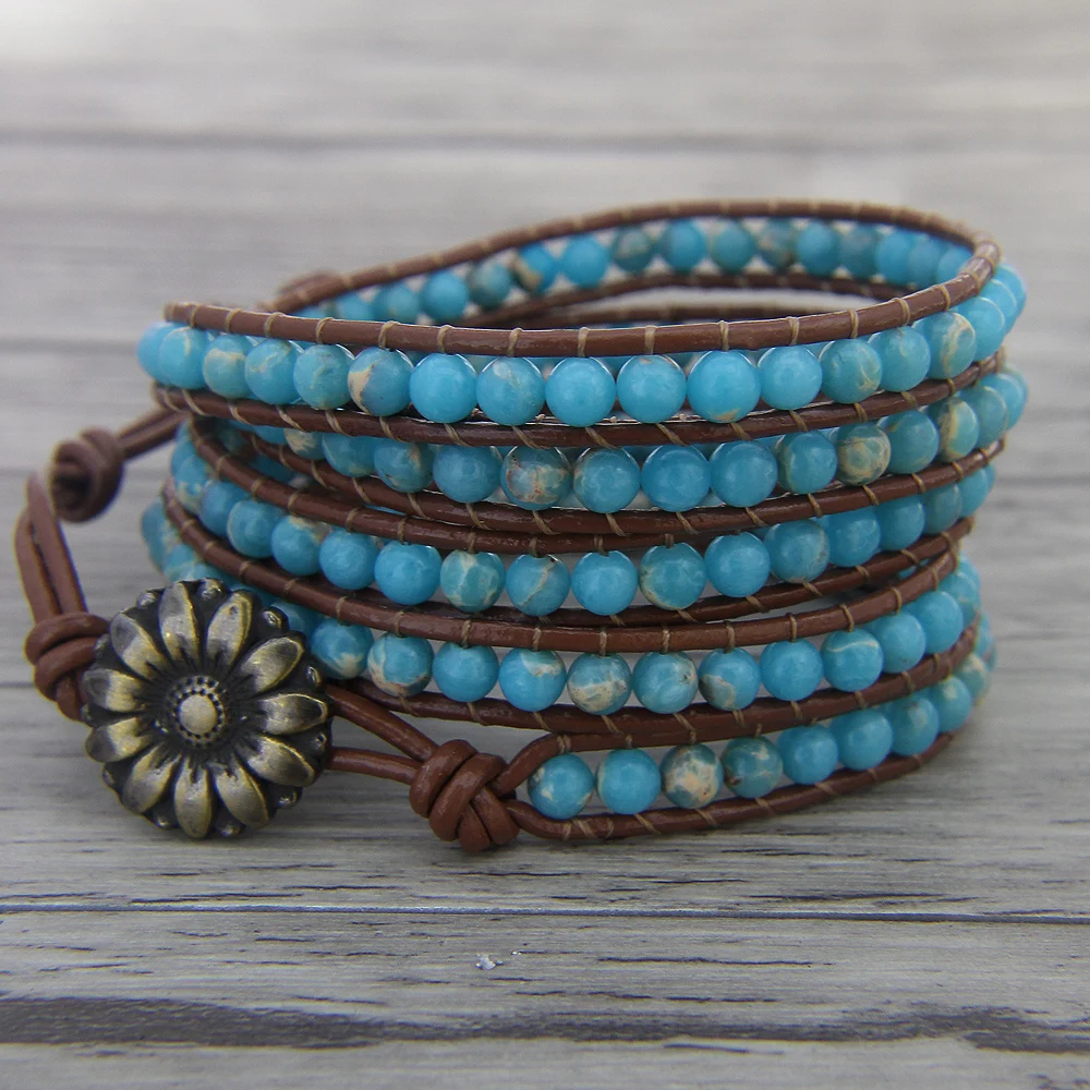 Ocean Blue bead wrap bracelet bohemian bead leather bracelet BOHO bead