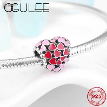 

925 Sterling Silver Pink and red Enamel Heart shape Sweet love charms beads Jewelry making Fit Original Pandora Charm Bracelet