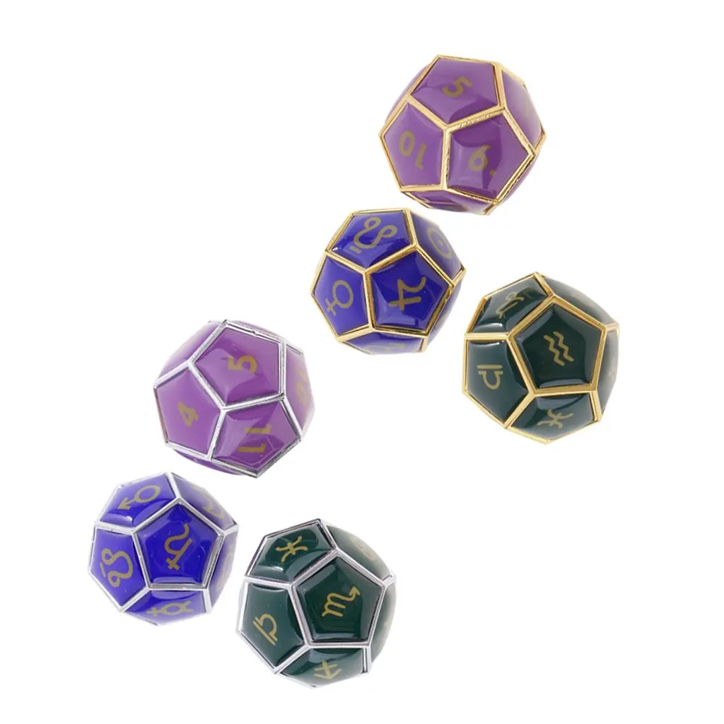 

6pcs Alloy D12 Polydrome Dice Zodiac Sign 12 Sided Dices for RPG Horoscope Table Game Creative Entertainment Toys Gift